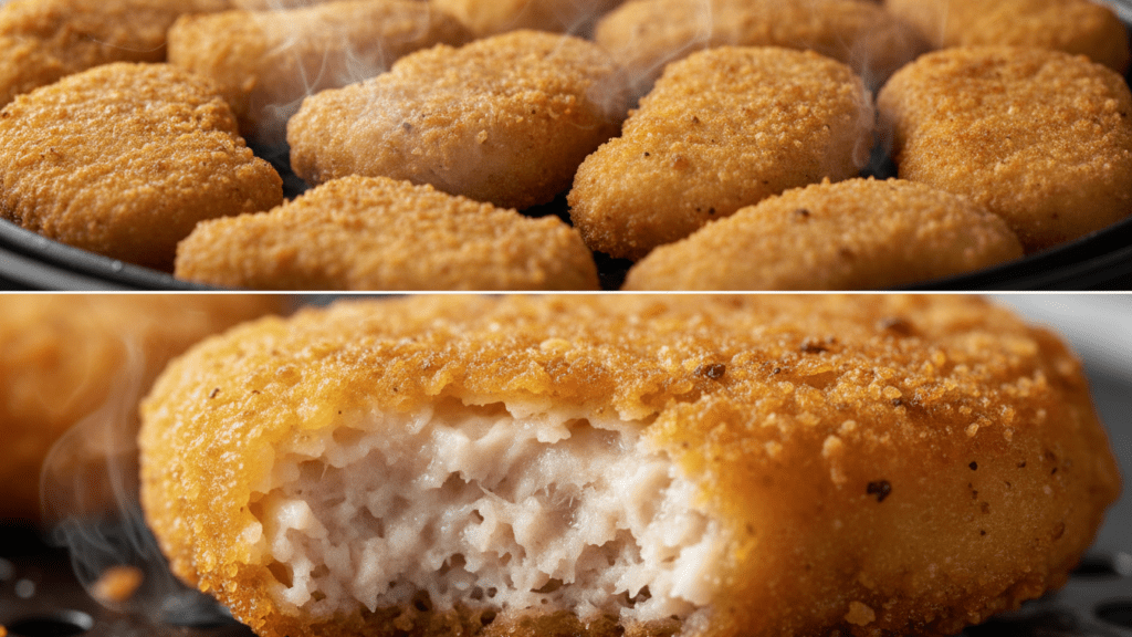 A split image showing the air frying process and a macro close-up of a bitten nugget.