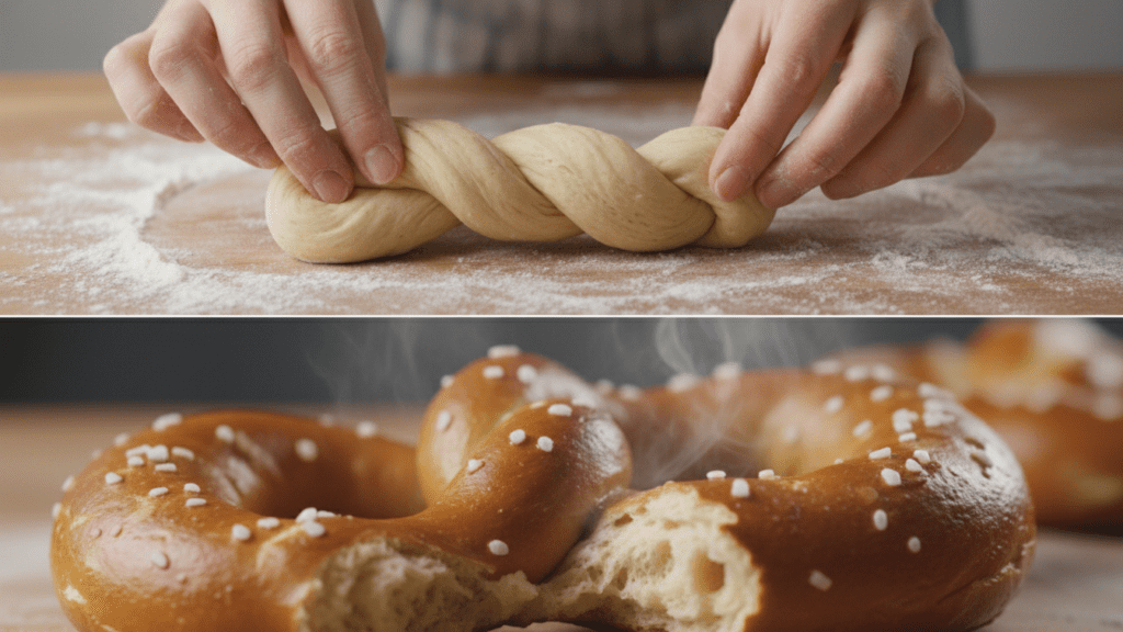 A split image showing the dough being twisted and a macro close-up of the chewy interior texture.