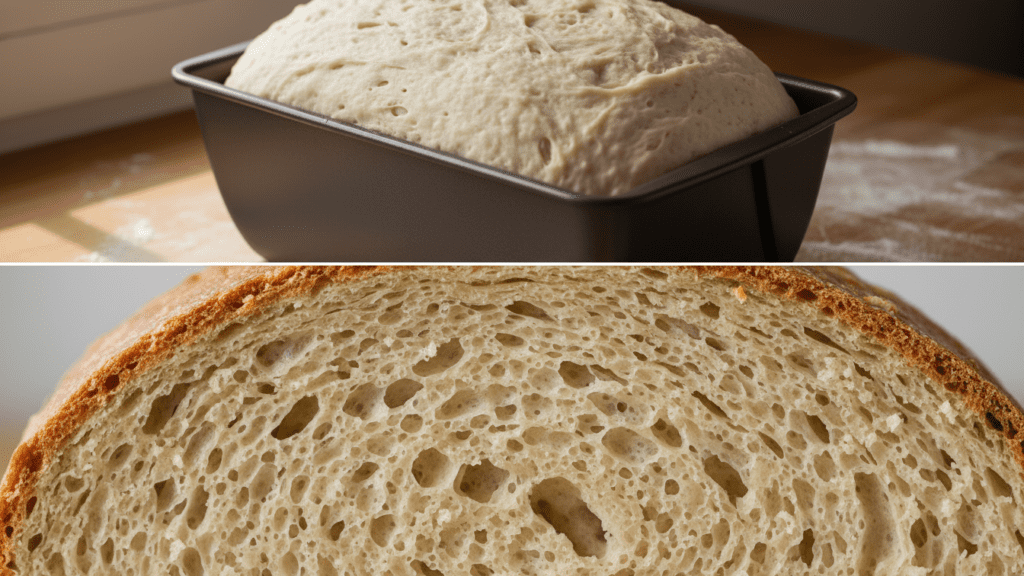 A split image showing the dough in a pan and a macro close-up of a sliced bread's interior texture