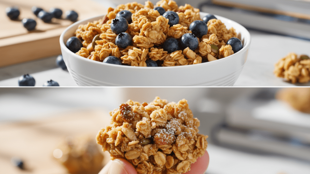 A split image showing the granola in a bowl and a macro close-up of a giant cluster.