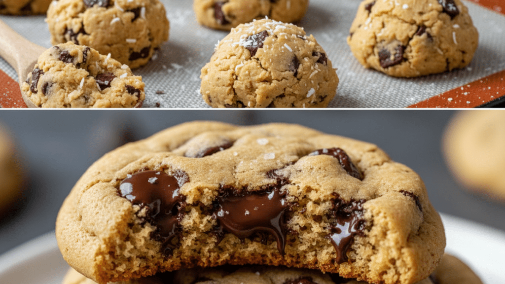 A split image showing the cookie dough balls and a macro close-up of a bitten cookie.