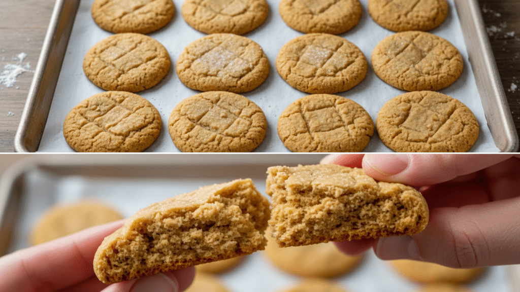 A split image showing the cookies on a baking sheet and a macro close-up of the chewy interior.