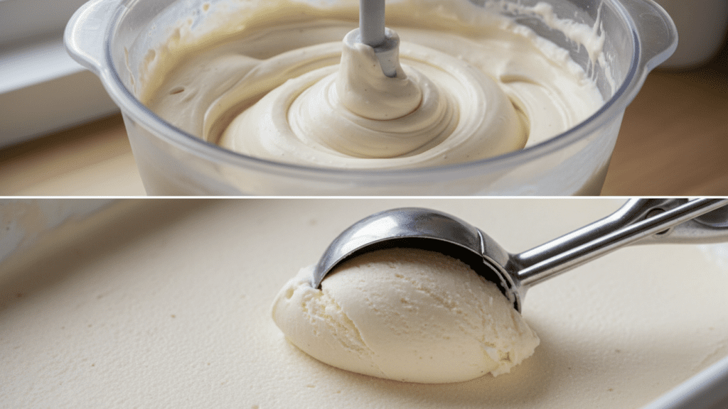 A split image showing ice cream churning in a machine and a macro close-up of a scooped texture.