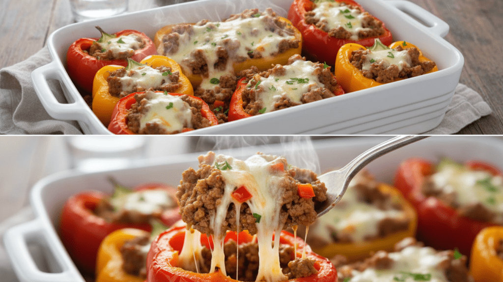 A split image showing the peppers in a baking dish and a macro close-up of a cheesy bite.
