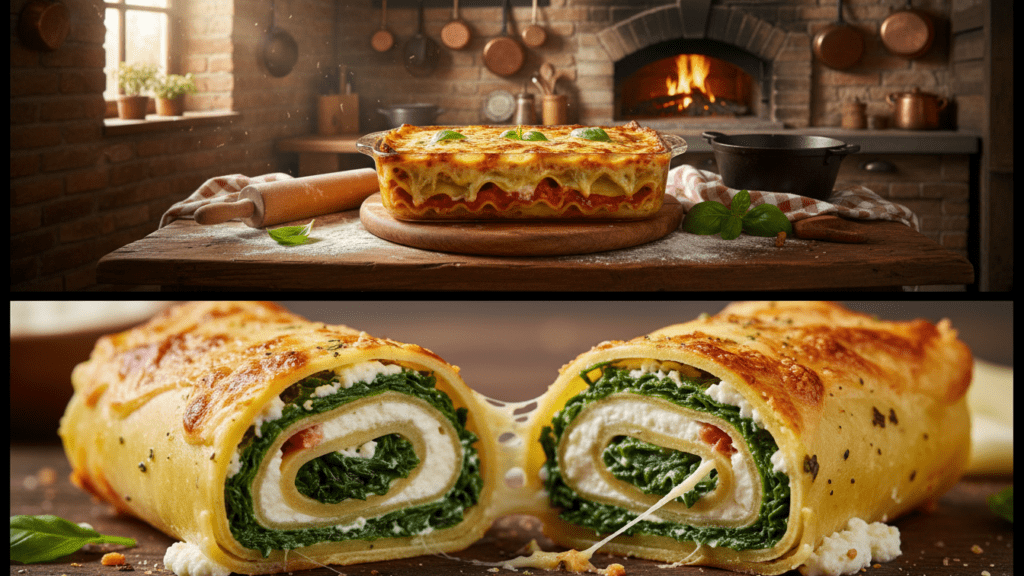 A split image showing the finished dish and a macro close-up of the rolled layers.