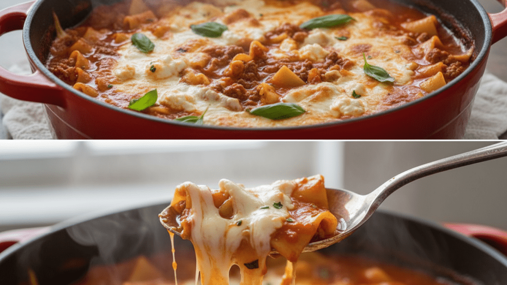 A split image showing the soup simmering in a Dutch oven and a macro close-up of a cheesy noodle on a spoon.