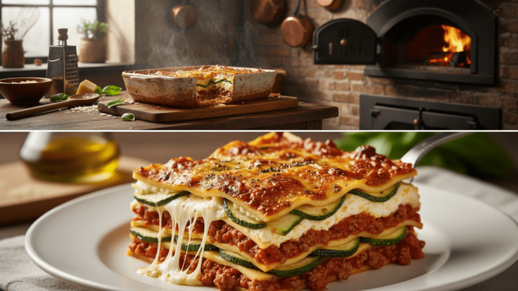 A split image showing the finished lasagna in a dish and a macro close-up of the layers.