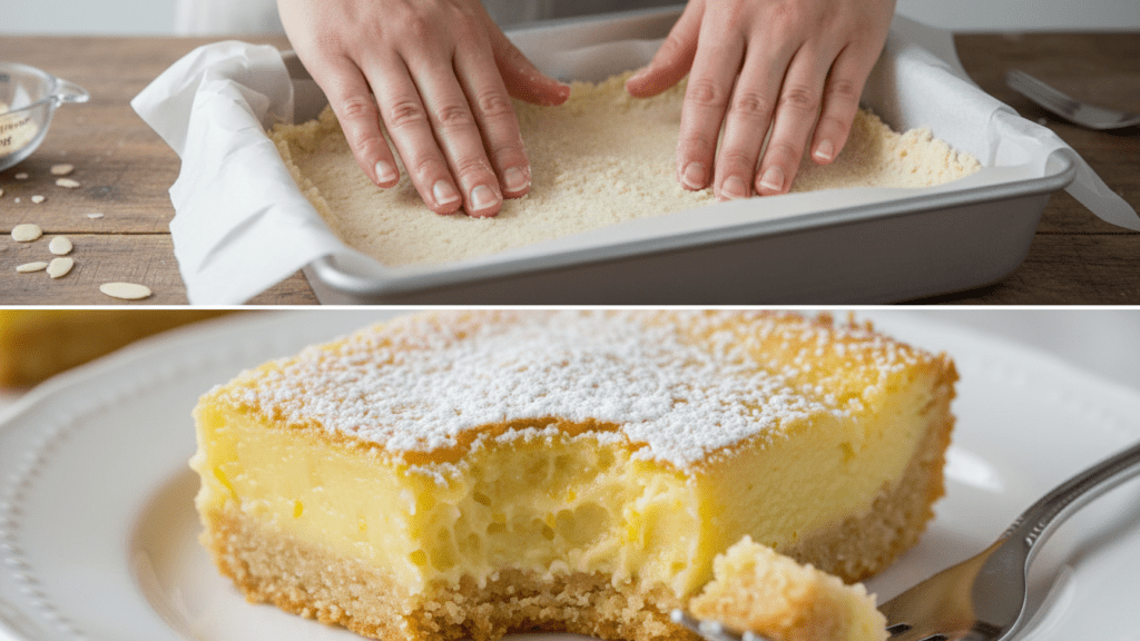A split image showing the crust being pressed and a macro close-up of the creamy lemon curd.