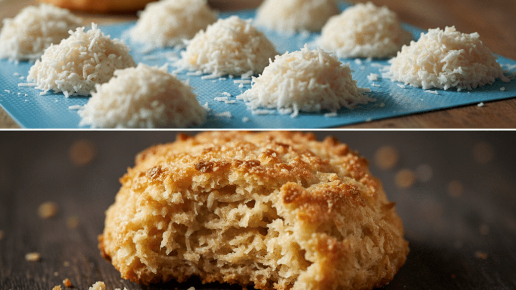 A split image showing the macaroons on a baking mat and a macro close-up of the chewy interior.