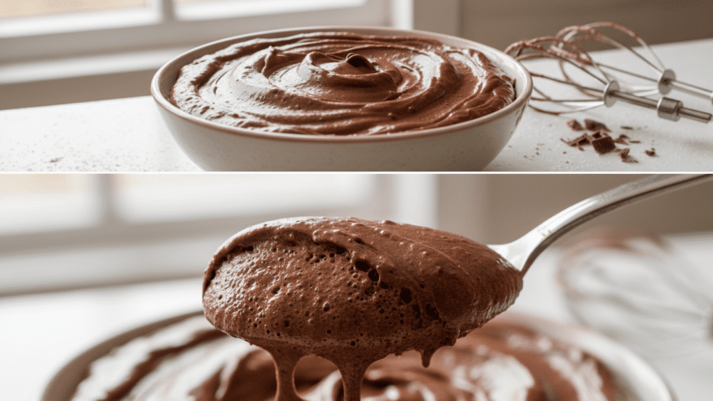 A split image showing the mousse in a bowl and a macro close-up of a spoonful of mousse.