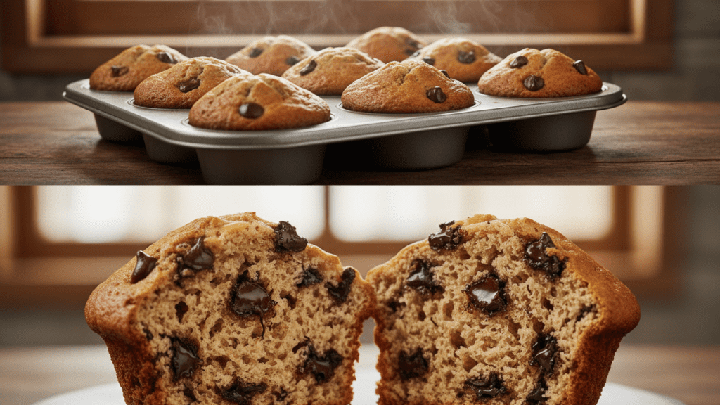 A split image showing the muffins in a tin and a macro close-up of the fluffy interior.