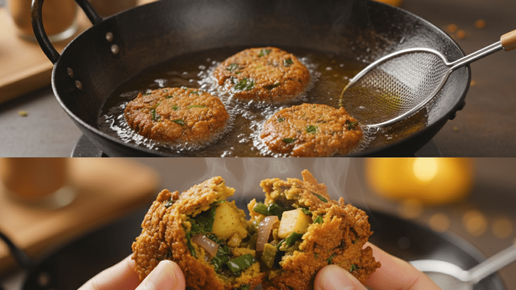 A split image showing pakoras frying in a wok and a macro close-up of the crispy edges.