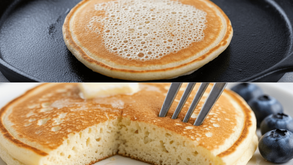 A split image showing the bubbling pancake on a griddle and a macro close-up of the fluffy interior texture.