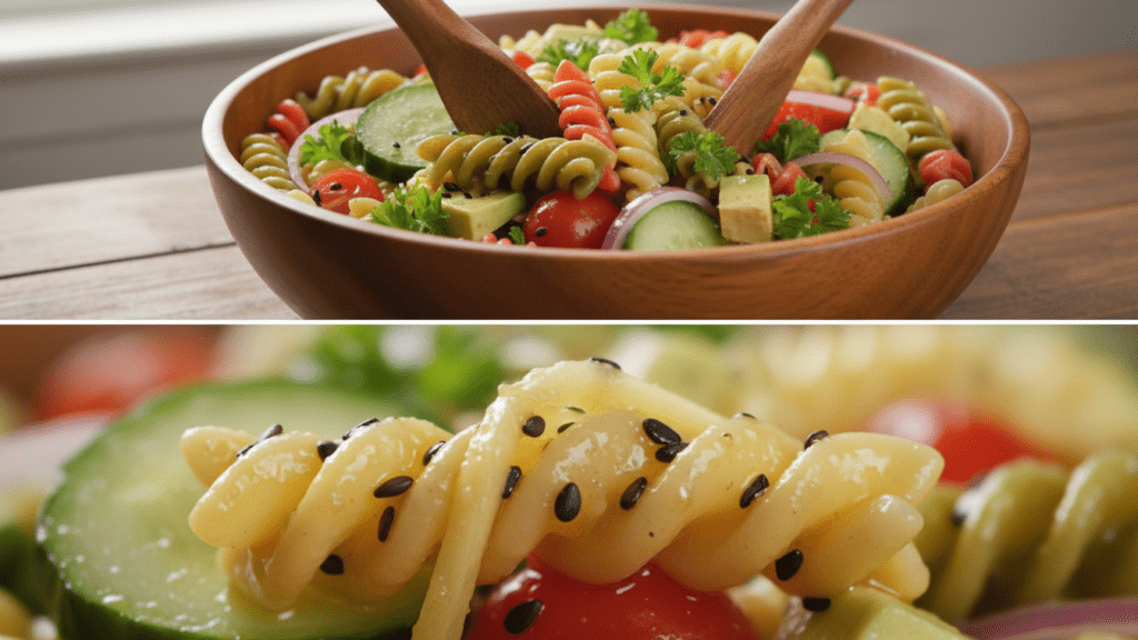 A split image showing the pasta salad being tossed and a macro close-up of the ginger dressing.