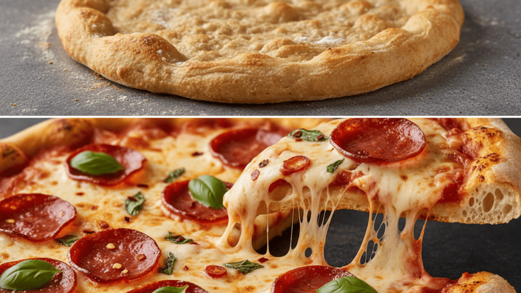 A split image showing the par-baked crust and a macro close-up of the finished pizza's chewy texture