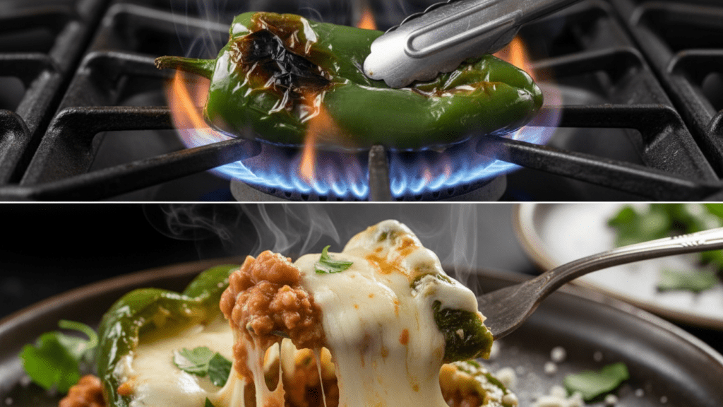 A split image showing a poblano pepper being charred over a flame and a macro close-up of a cheesy bite.