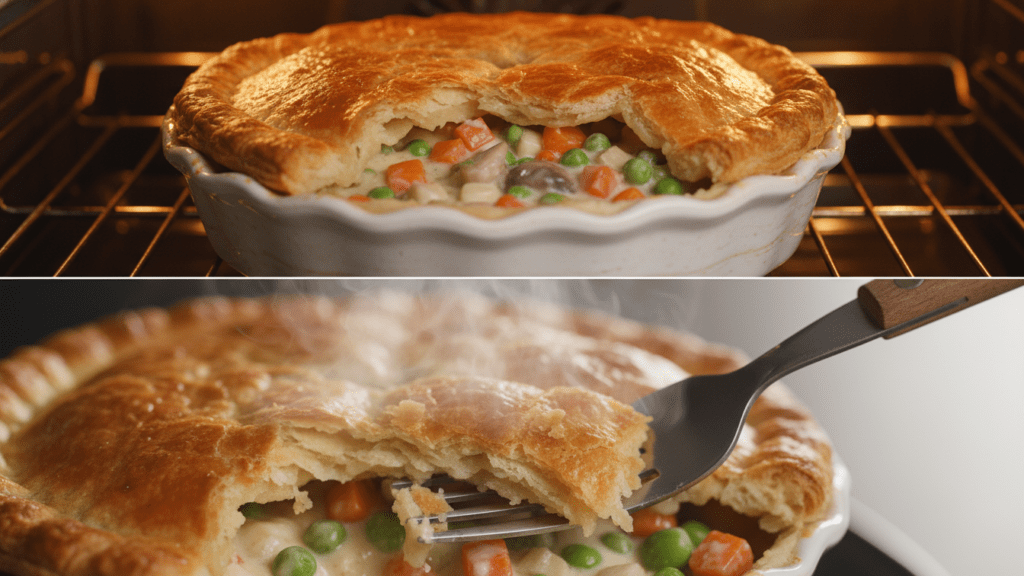 A split image showing the pie in the oven and a macro close-up of the flaky crust layers.