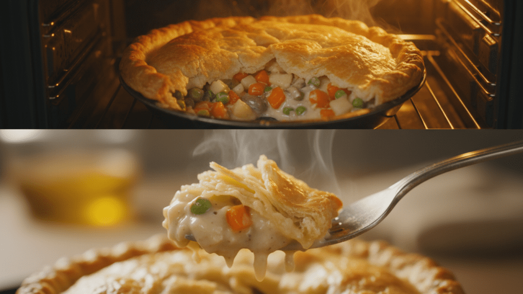 A split image showing the finished pie in the oven and a macro close-up of a bite on a fork.