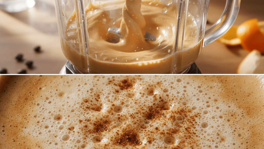 A split image showing the latte being blended and a macro close-up of the cinnamon foam.