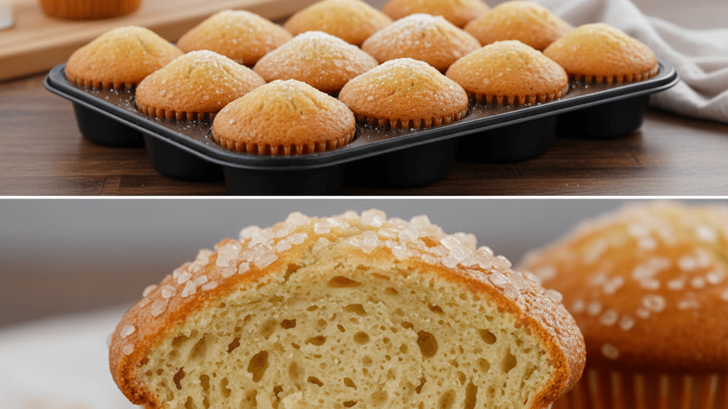 A split image showing the muffins in a tin and a macro close-up of the spiced muffin top