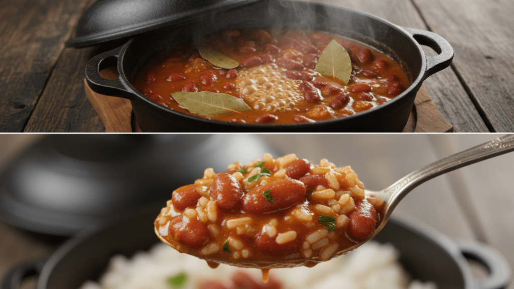 A split image showing the beans simmering in a pot and a macro close-up of the creamy texture