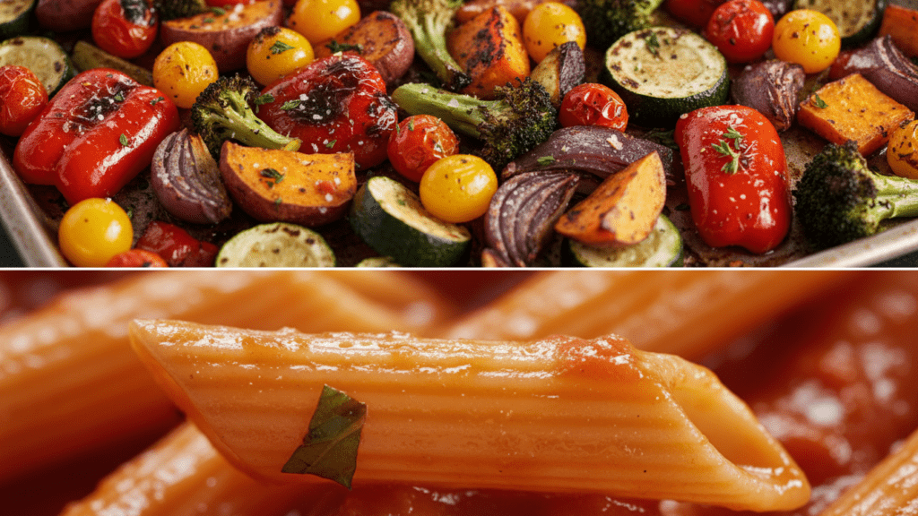 A split image showing vegetables on a baking sheet and a macro close-up of a single noodle.