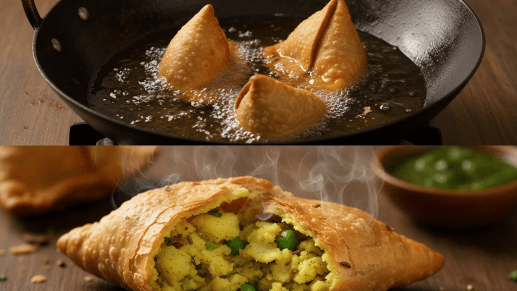 A split image showing samosas frying in a wok and a macro close-up of the flaky crust.