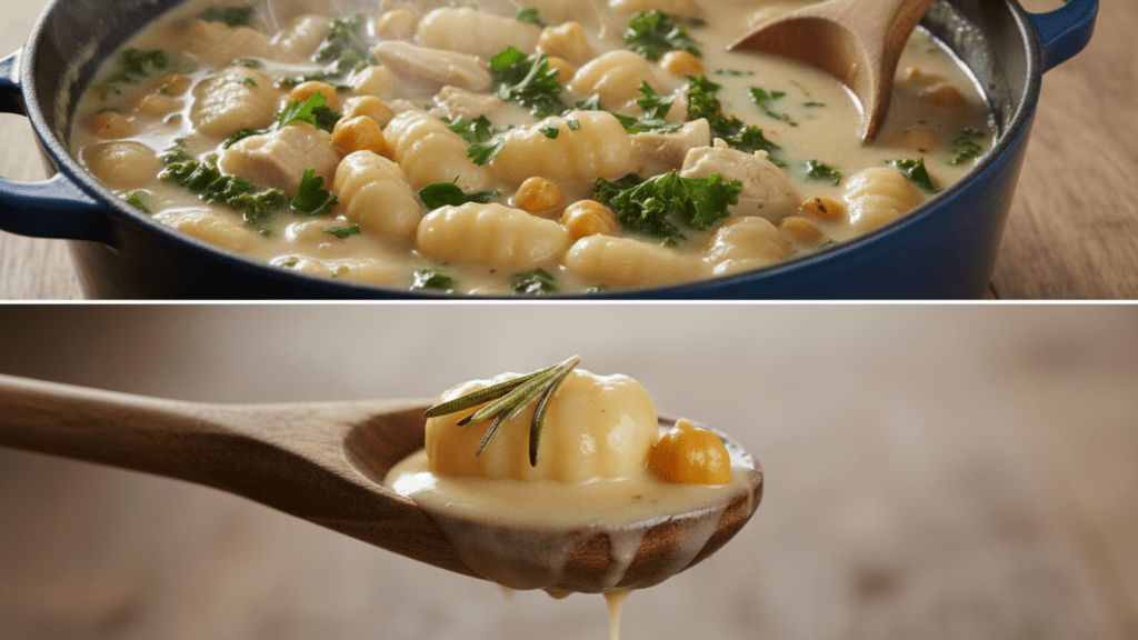 A split image showing the finished soup in a pot and a macro close-up of a gnocchi and chickpea on a spoon