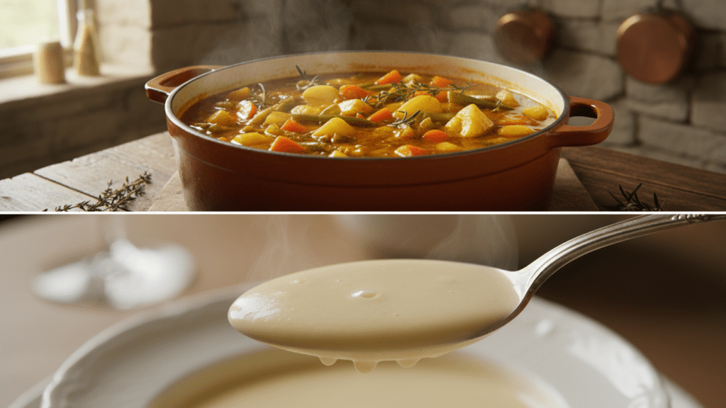 A split image showing the soup simmering and a macro close-up of the smooth texture.