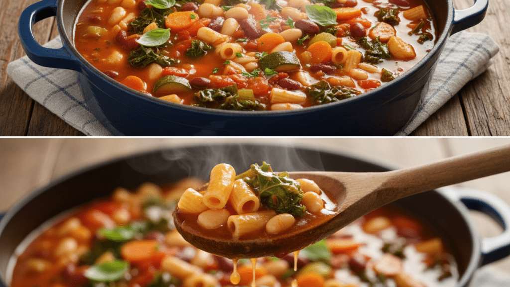 A split image showing the finished soup in a pot and a macro close-up of a spoonful of minestrone.