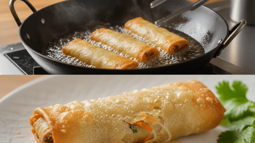 A split image showing spring rolls frying in a wok and a macro close-up of the crispy skin.