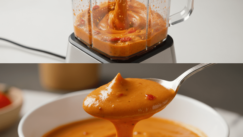 A split image showing the blender process and a macro close-up of the glossy sauce on a spoon