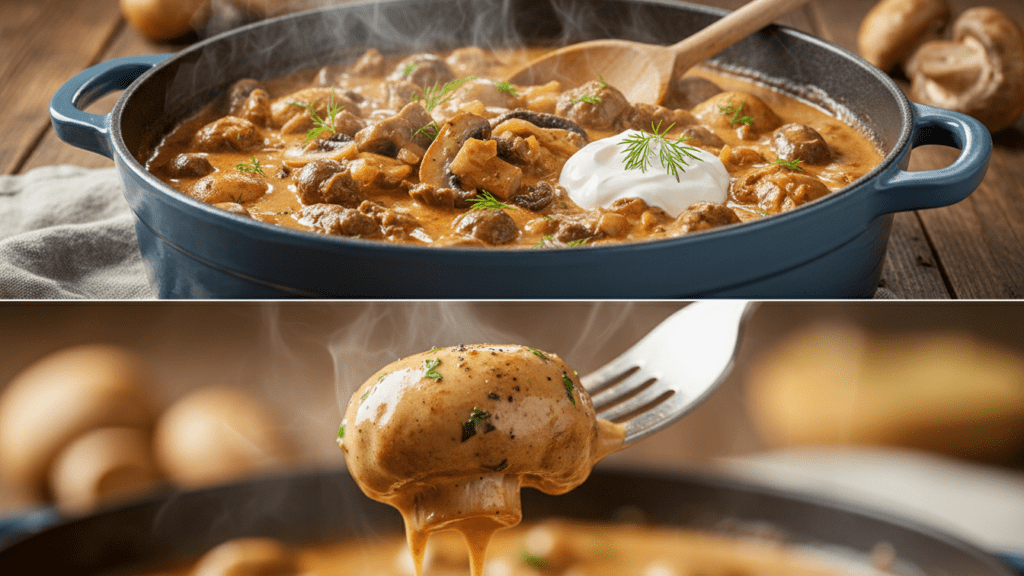 A split image showing the sauce in a pot and a macro close-up of a mushroom on a fork.