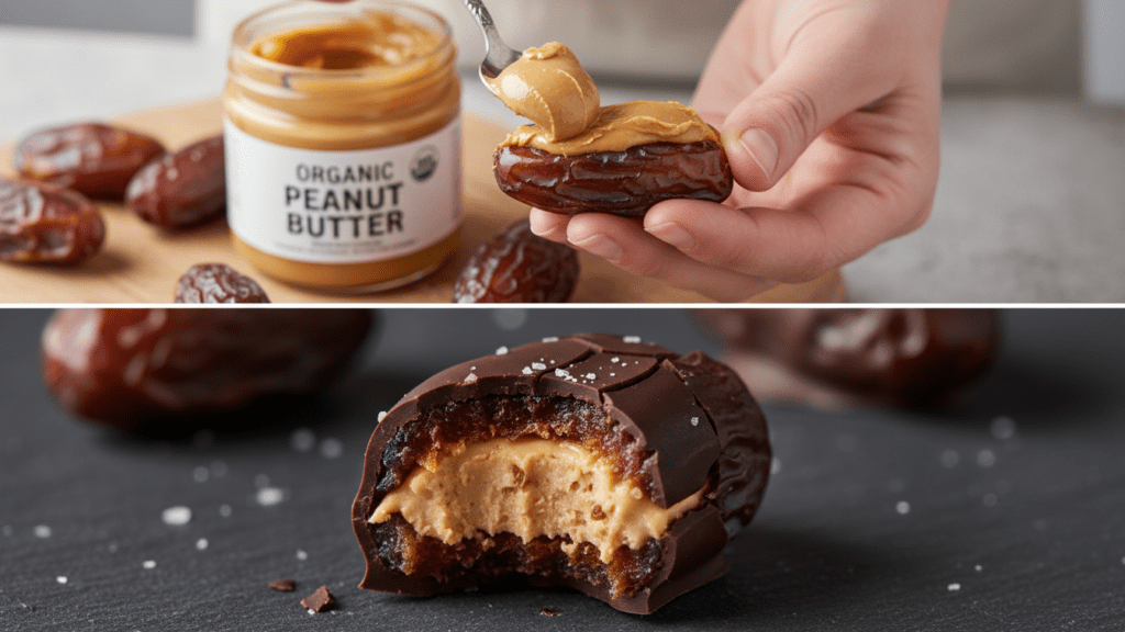 A split image showing a date being stuffed and a macro close-up of the bitten date.