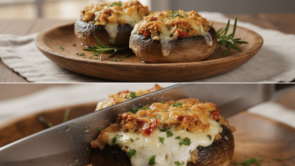 A split image showing two separate variants of cooked stuffed mushrooms, including one close-up macro look.