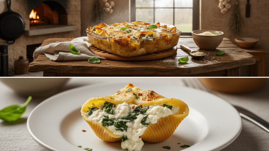A split image showing the finished shells in a dish and a macro close-up of the cheesy center.