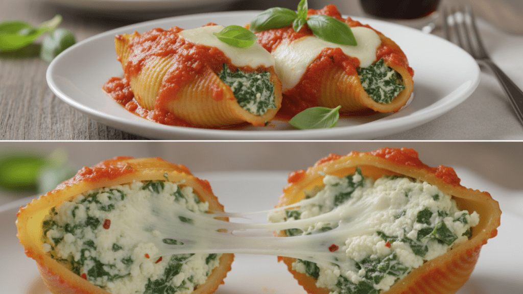 A split image showing two separate cooked shells and a close look at the cheesy interior.