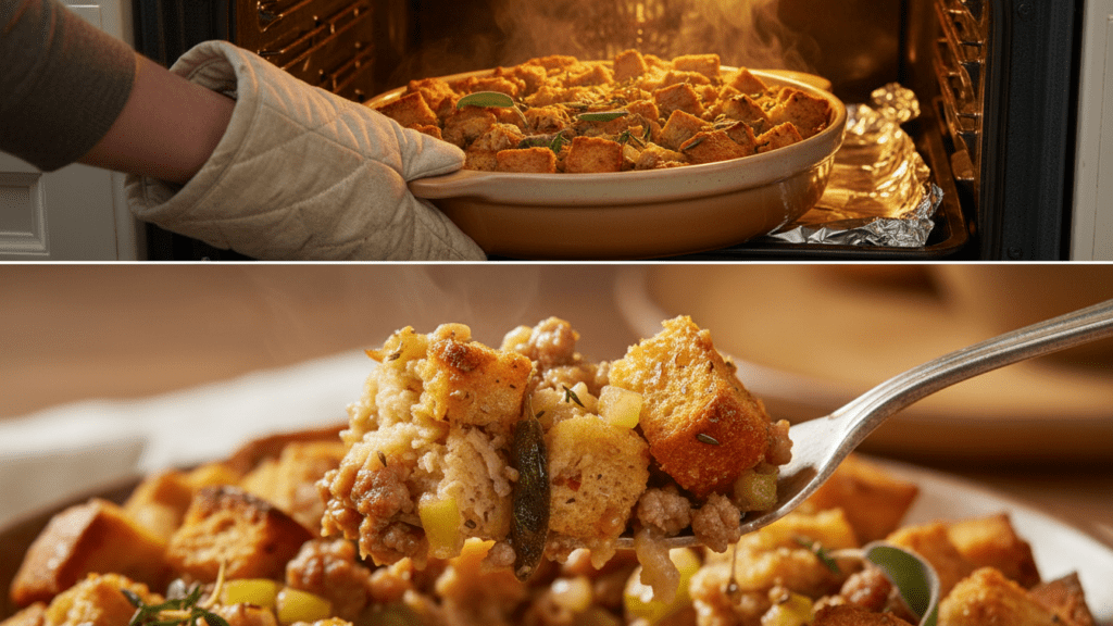 A split image showing the stuffing in the oven and a macro close-up of the moist center.