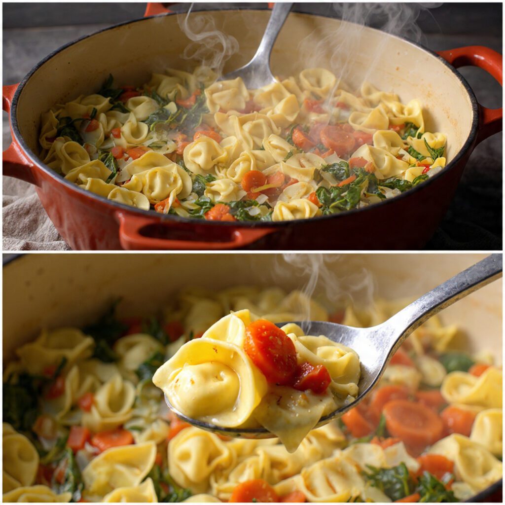 Split screen showing a full pot of creamy tortellini soup and a close up of the tortellini and sauce in a spoon