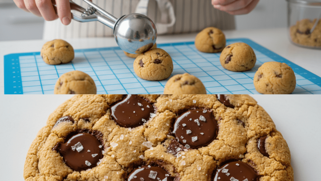 A split image showing the dough being scooped and a macro close-up of a finished cookie texture.