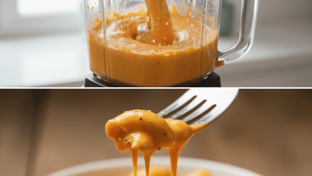 A split image showing the blender process and a macro close-up of the silky cheese sauce pull.
