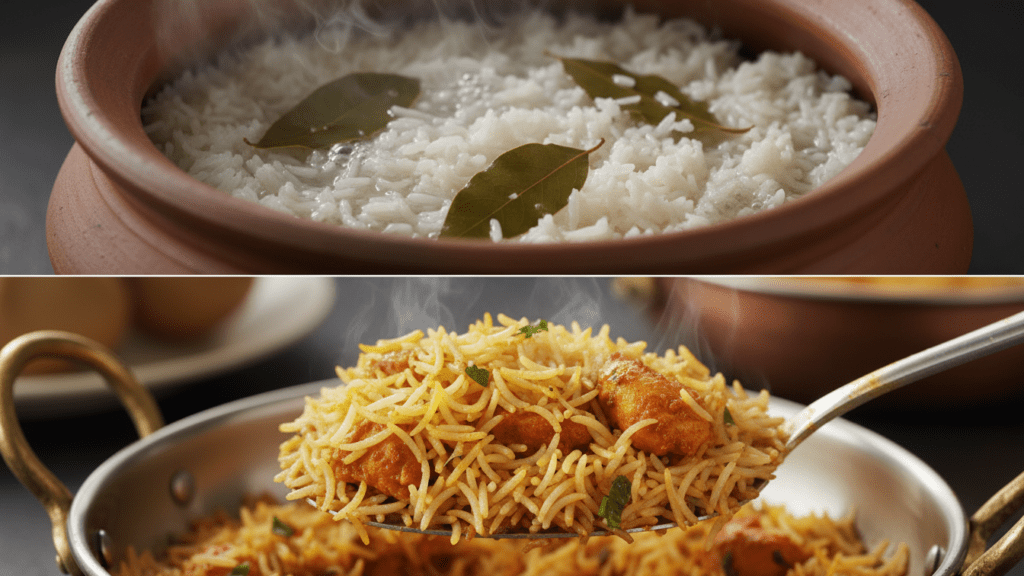 A split image showing the rice par-boiling and a macro close-up of the fluffy biryani grains