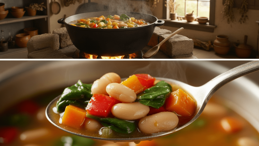 A split image showing the soup simmering in a pot and a macro close-up of a spoonful of soup
