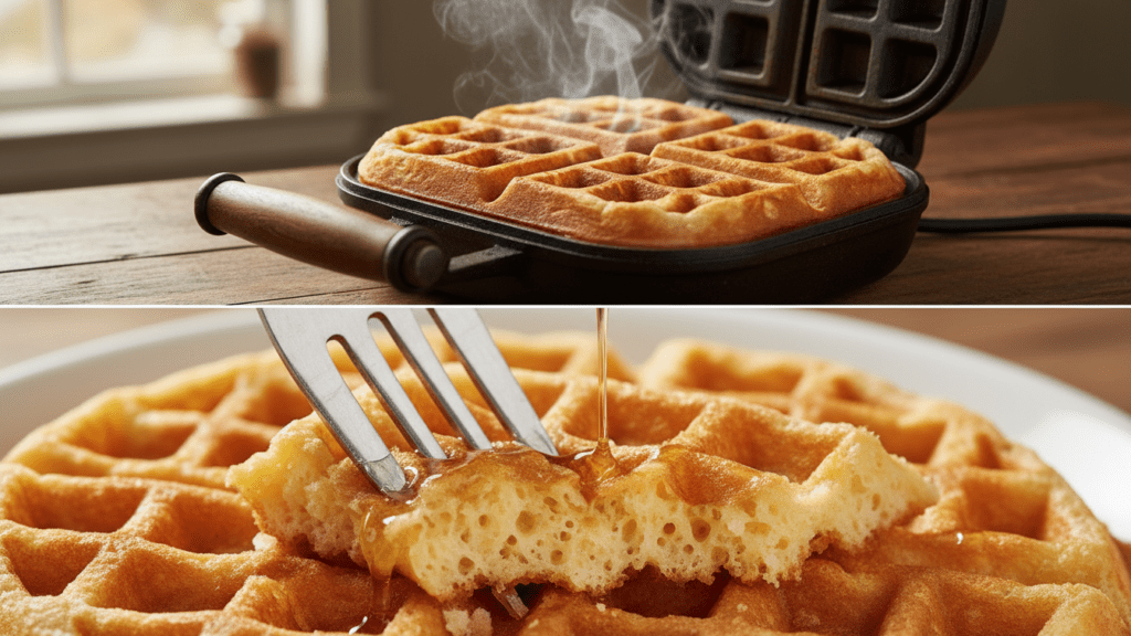 A split image showing the waffle in the iron and a macro close-up of the crisp texture.