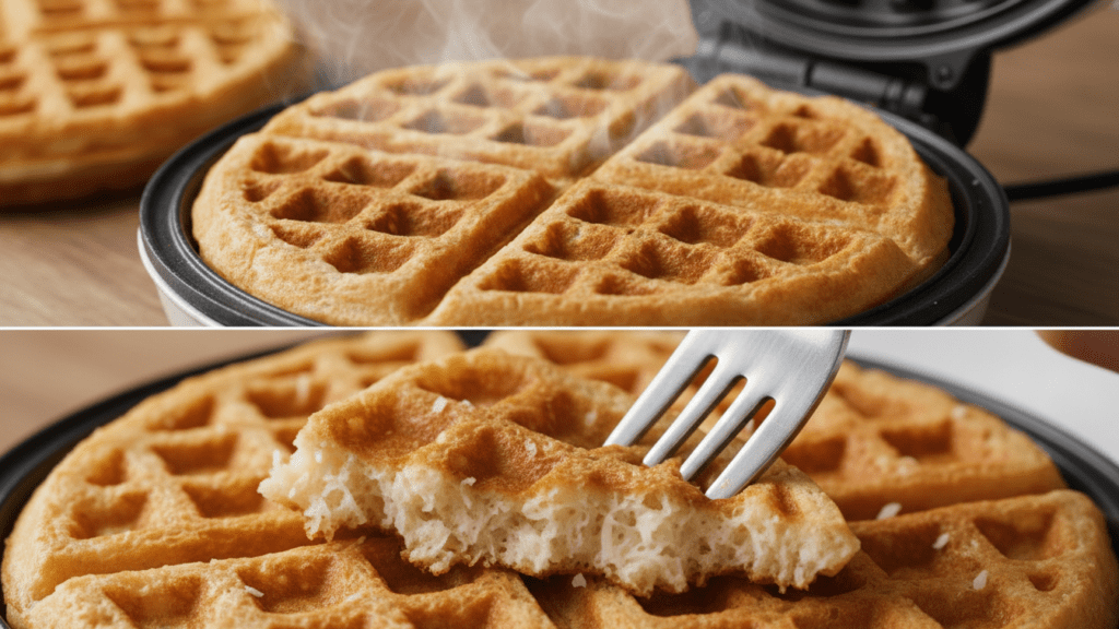 A split image showing the waffle in the iron and a macro close-up of the fluffy interior.