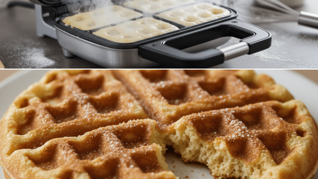 A split image showing waffle batter in an iron and a macro close-up of a waffle's crispy texture