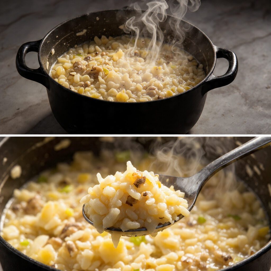 Split screen showing a full pot of soup simmering and a close-up of the wild rice and creamy broth in a spoon.