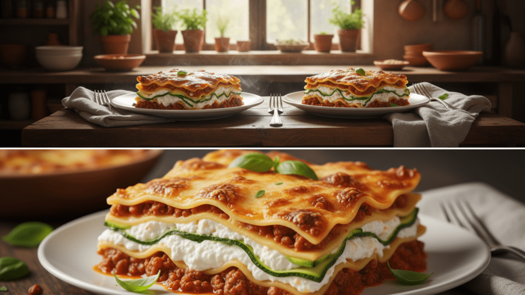 A split image showing two separate cooked lasagna slices and a close look at the vegetable layers