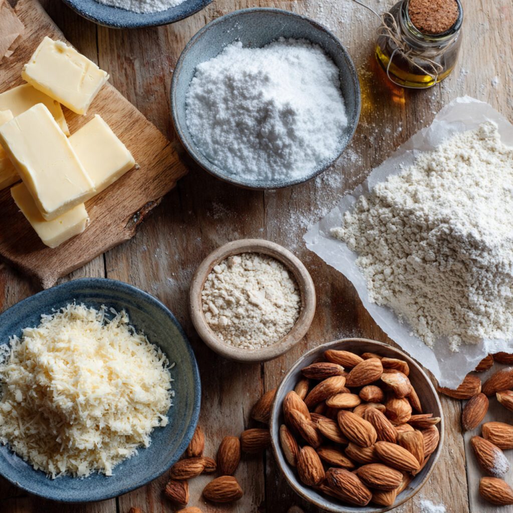 A flat lay collage of all raw ingredients: butter, powdered sugar, flour, almond extract, and ground almonds used for almond snowball cookies.