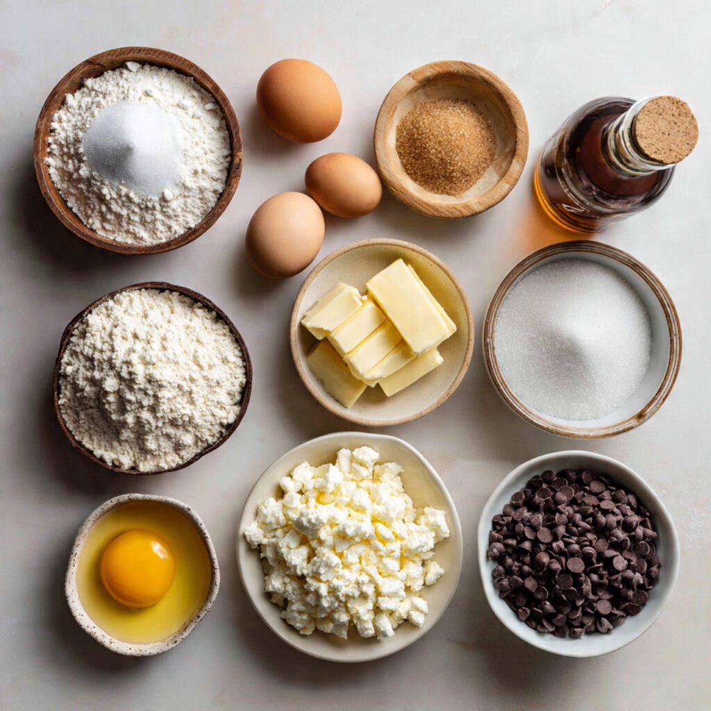 A flat lay collage of all raw ingredients: flour, sugars, butter, egg, vanilla, chocolate chips, and a bowl of cottage cheese used for the recipe.